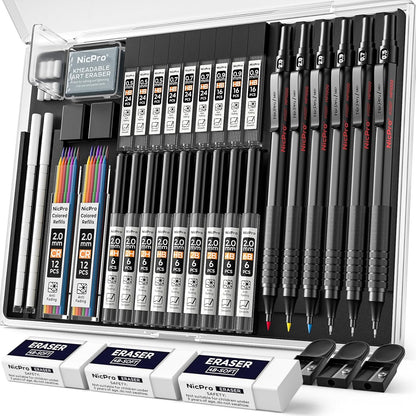 Nicpro 35PCS Black Metal Mechanical Pencils Set in Case, Art Drafting Pencil 0.5, 0.7, 0.9 mm & 3PCS 2mm Graphite Lead Holder for Drawing Sketching With 20 Tube Lead Refills(6B 4B 2B HB 2H 4H Colors)