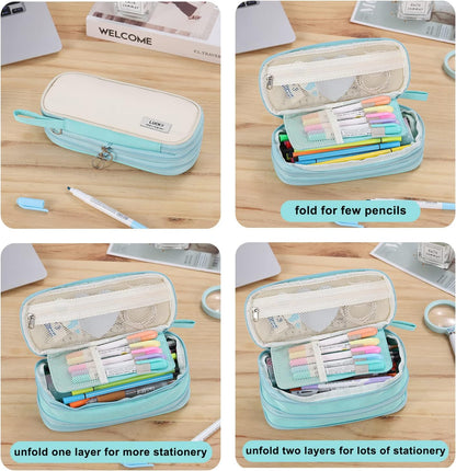 Big Pencil Case Zipper Pencil Pouch Organizer Large Capacity Pen Bag with Handle Portable for Girls Kids Adults Gift Pen Case for School Home Office Light-blue