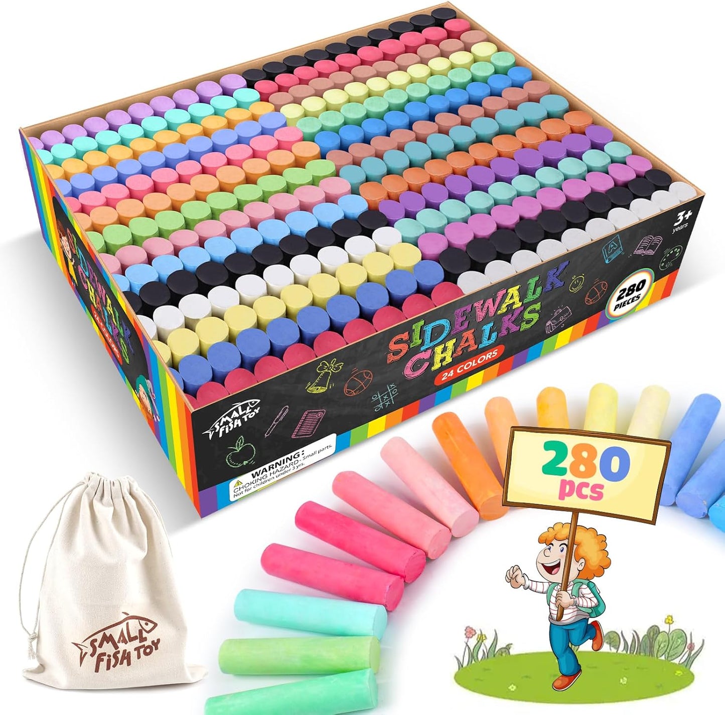 280PCS Sidewalk Chalks in 24 Colors: Washable Jumbo Chalk Set for Kids Toddlers, Non-Toxic Dustless Colored Chalk Bulk for Outdoor Art, Party Favors, Painting on Chalkboard Blackboard Playground