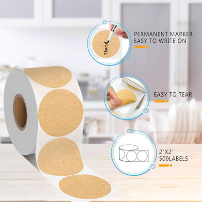 PARLAIM 2 inch Round Circle Dot Sticker on a Roll, 500pcs Kraft Paper Permanent Adhesive Label for Office School Business