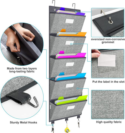 homyfort Over the Door Wall File Organizer, Hanging File Folders Organizer with 5 Large Pockets for Office and Back to School Supplies, Papers, Charts, Mails, Magazine Storage and Organization