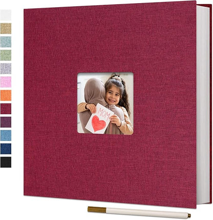 Vienrose Large Photo Album Self Adhesive for 4x6 8x10 10x12 Pictures Linen Scrapbook Album DIY 60 Blank Pages with A Metallic Pen Red