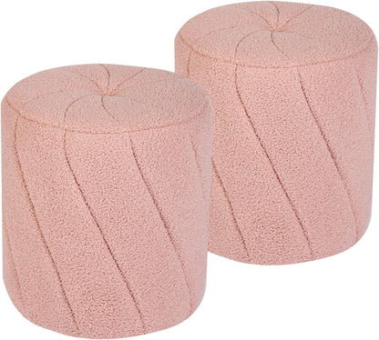 Modern Round Ottoman 2Pcs, Spiral-Tufted Foot Stool Ottoman, Teddy Fleece Upholstered Vanity Stool for Makeup, Bedroom, Living Room, Pink