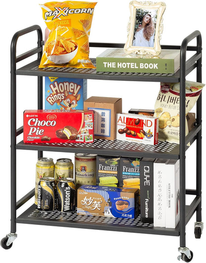 HDANI 3 Tier Metal Rolling Heavy Cart Supports 40 Lbs Per Tier,Rolling Cart with 2 Lockable Wheels for Office,Home,Bedroom,Kitchen,Bathroom(Black)…