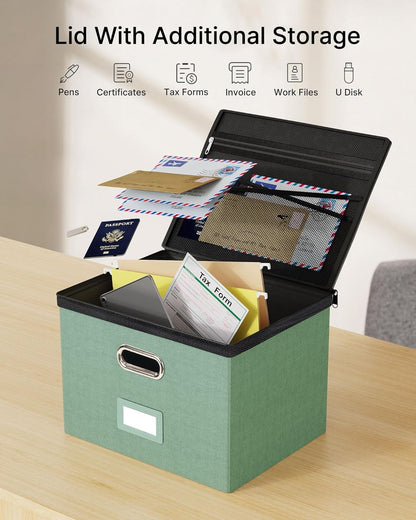 Oterri 2 Pack Large File Organizer Boxes with Lids, File Box with Mesh Pockets, Document Organizer Box for Letter/Legal Size Folders, Zippers Important Document Organizer (Green, Without Folders)