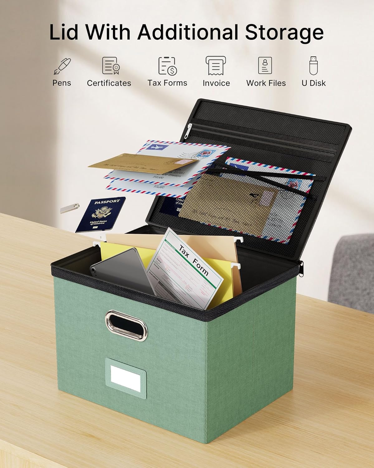 Oterri 1 Pack Large File Organizer Boxes with Lids, File Box with Mesh Pockets, Document Organizer Box for Letter/Legal Size Folders, Zippers Important Document Organizer (Green, Without Folders)