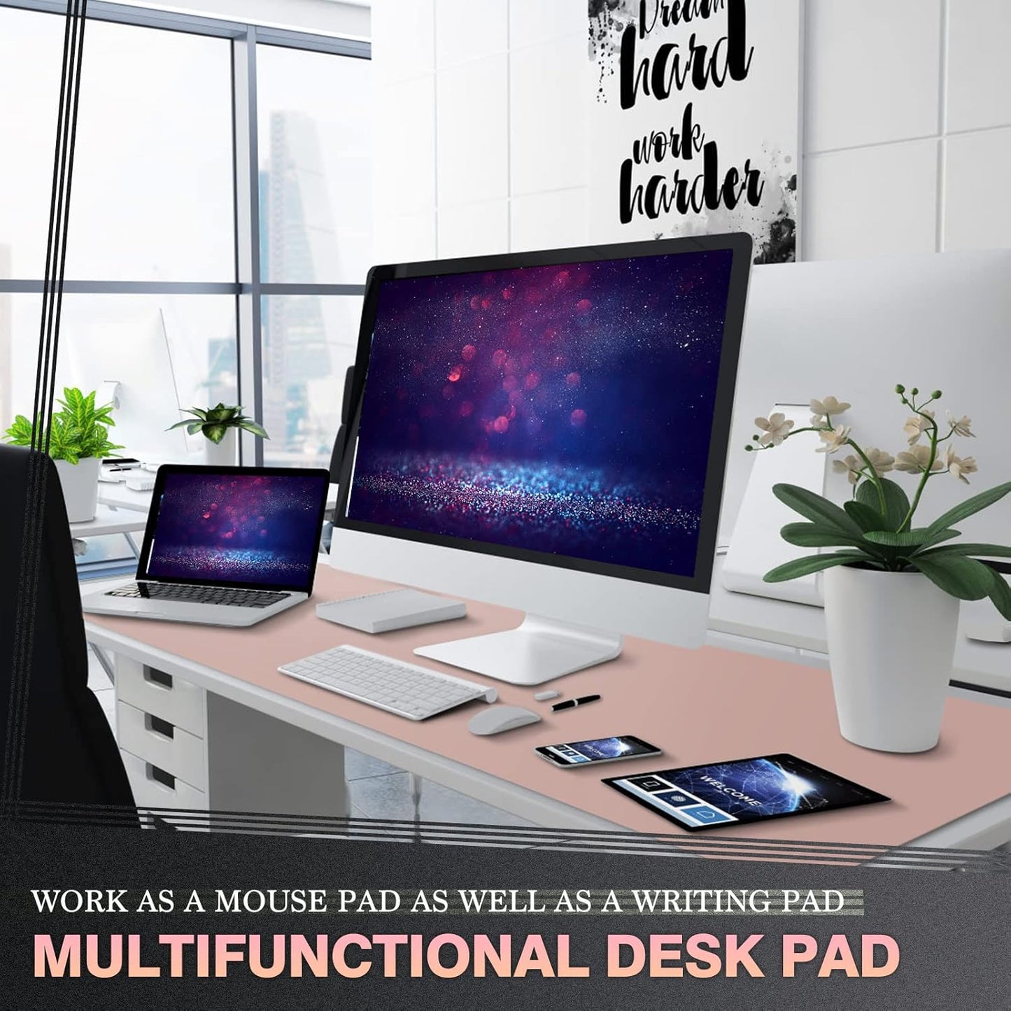 K KNODEL Large Office Leather Desk Mat, Mouse and Keyboard Pad, Computer and Laptop Mat, Desktop Protector and Cover, Writing Pad and Blotter (47.2"x23.6", Pink)