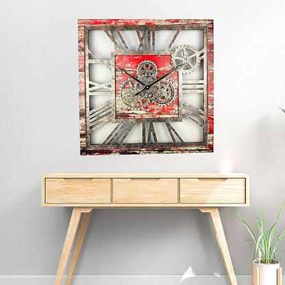 ImprovingLife The Gears Clock 24'' Inch Square Real Moving Gear Wall Clock Vintage Industrial Oversized Rustic Farmhouse (Red Lava)