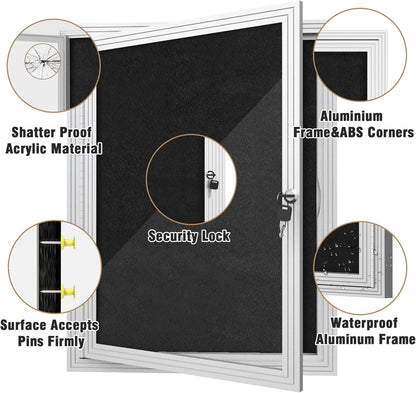 26"x20" Enclosed Bulletin Board, Outdoor Lockable Weather-Resistant Aluminum Cork Noticeboard for School & Office, Silver Frame w/Black Flet
