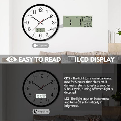 12" Digital Wall Clock with Temp Week Switchable Time and Perprtual Calendar on LCD Display, Silent Battery Operated Analog Clock for Bedroom Classroom Office Garage (Black)