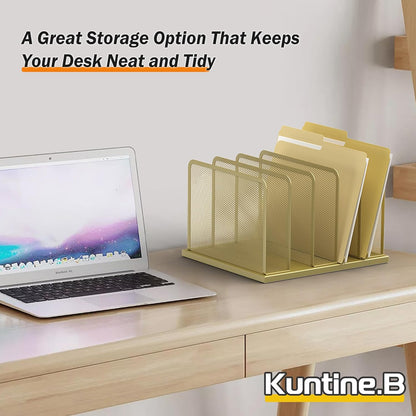 Kuntine.B Desk File Organizer Upright Mesh Desktop Organizer File Sorter Office Organization File Holder for Home, Office & Classroom (Gold, 1 Pack 5-Section)