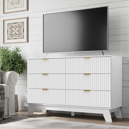 Fluted 6 Drawer Dresser, 47.2" Wide Modern Boho Chest of Drawers, Wooden Storage Dresser TV Stand for Bedroom, Living Room, Closet, Hallway, Curved Profile Design