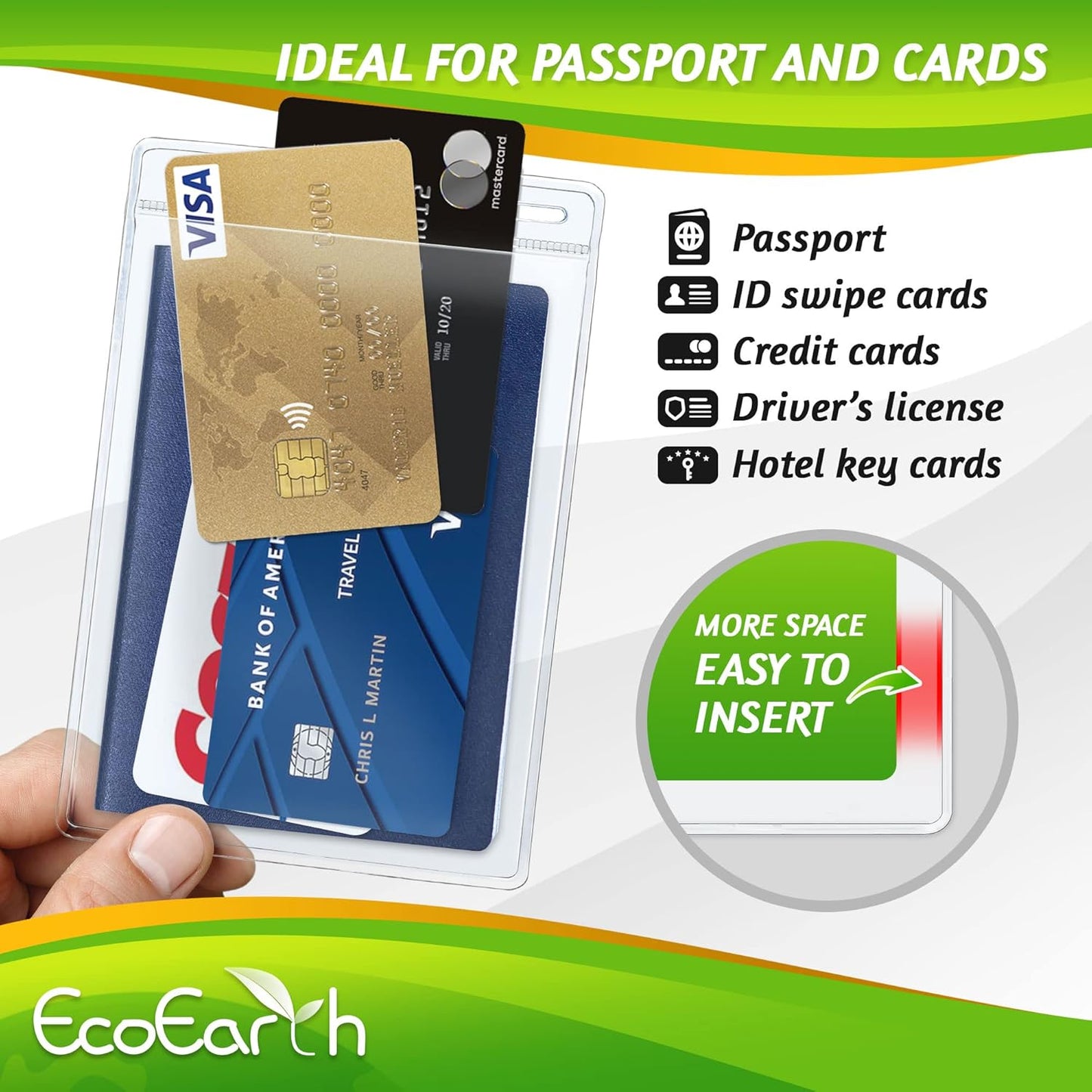 EcoEarth Passport & Identification Card Holders with Soft Edge (Clear, 4x6 Inch, 100 Pack), Extra Large Vertical ID Holder, Zipperless Plastic Name Badge Holders