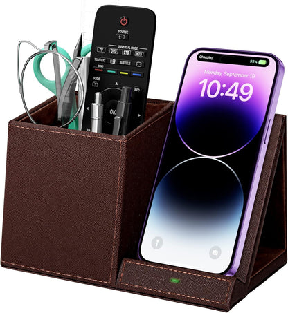 Desk Supplies Organizer, Multi-Functional Pencil Pen Holder with Wireless Charger, Desktop Stationery Organizer, Home Office Supply Storage Box Caddy (Brown)