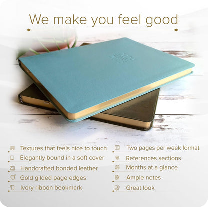 Gallery Leather Academic Planner 2025, Teacher and Student Weekly Monthly Planner, Elegantly Bound Calendar with Gold-Gilded Page Edges, 18 Months - Acadia Pool - 9 x 7 "