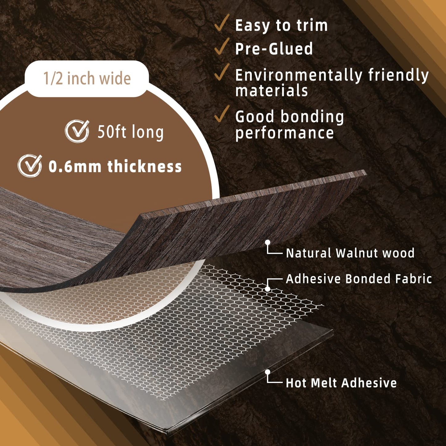 GSCIT Club Walnut Edge Banding, 1/2 inch x 50ft roll of Veneer Edge Banding Preglued Flexible, Real Wood Tape Banding