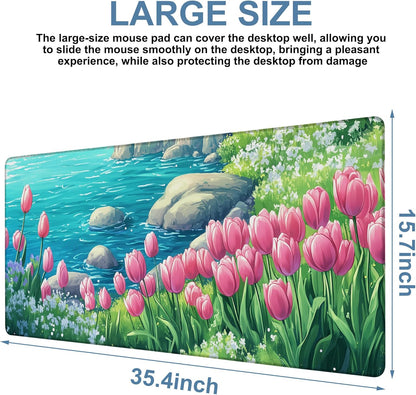 Large Mouse Pad Blooming Tulips Gaming Desk Pad Computer Keyboard Non-Slip Waterproof Mouse Mat with Rubber Base and Stitched Edges Entertainment Office Writing Desk Mat 35.4 x 15.7 Inches