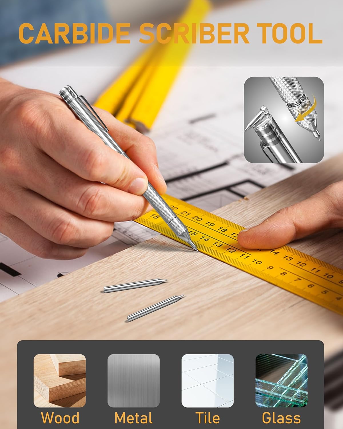 49 Pack Carpenter Pencil Set with Sharpener, Carpenter Pencils with Deep Hole Long-Nib Marker Pens, Carbide Scribe Tool & Construction Pencil for Architect Woodworking with Case