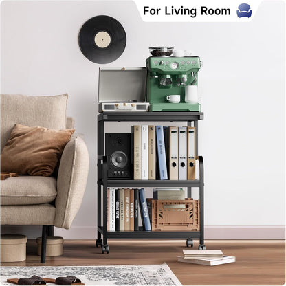 Warmiehomy Printer Stand, 19.68×15.75×27.55 Printer Table with Adjustable Storage Shelf, 3 Tier Rolling Cart with Wheels, Space Saving Desk for Home Office, Mini Fridge & Heat Press Stand, Black