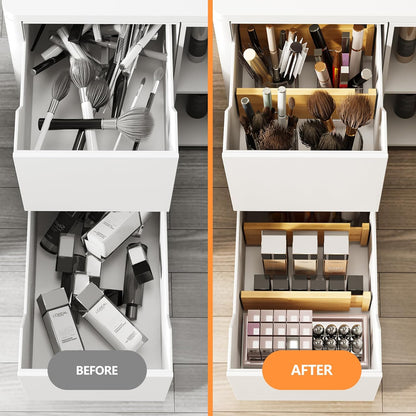 BAMEOS 4" High Bamboo Drawer Dividers - Adjustable Small Drawer Organizer - Kitchen, Dresser, Bathroom, Bedroom & Office - 4-pack