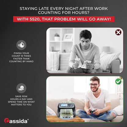 Cassida 5520 UV/MG - USA Money Counter with ValuCount, UV/MG/IR Counterfeit Detection, Add and Batch Modes - Large LCD Display & Fast Counting Speed 1,300 Notes/Minute