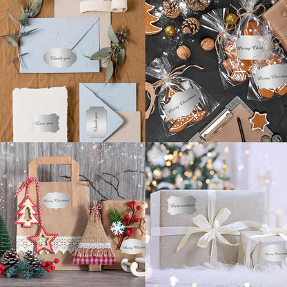 350 PCS Gift Tags Stickers, 2" x 1.2" Fancy Shape Stickers, Self-Adhesive, Handmade Bottle All-Purpose Jar Labels for Presents, Cosmetic Decoration Jars, Food Craft (Silver)