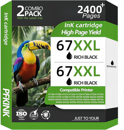 67XXL Black Ink Cartridge Replacement for HP Deskjet 4100 4100e 4152e 4155 4155e Envy 6000 6055e 6055 6400 6458 6458e 6452 6455e Printers (2 Black)