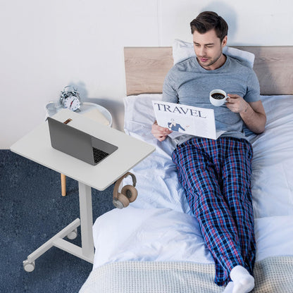 Mobile Small Standing Desk, Gas Spring Adjustable Height Rolling Portable Laptop Desk with Lockable Wheels, Computer Workstation, Rolling Podium (White, 17.8 * 25.5)