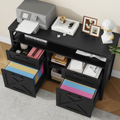 Farmhouse Filing Cabinet with Adjustable Shelf for Home Office, Lateral File Cabinets 4 Drawers with Open Storage Shelf, Filing Organization Storage Cabinets for Hanging Files Letter/A4.(Pure Black)