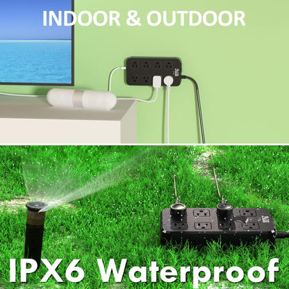 Outdoor Power Strip Weatherproof, Waterproof Surge Protector with 8 Wide Outlet with 3 USB Ports, 6FT Extension Cord,1875W Overload Protection,Outlet Extender for Christmas Lights ETL Listed Black