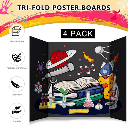 HAUTOCO 4 Pcs Medium Trifold Poster Board 26 x 15.74 inches Tri Fold Presentation Boards Black Corrugated Cardboard for Science Fair, School Project, Event Displays, Business