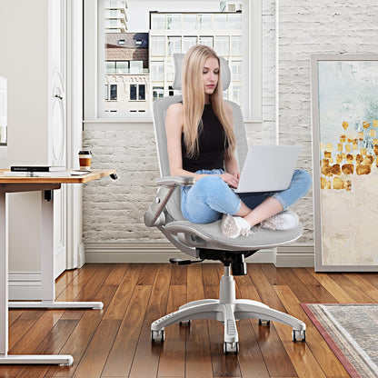 GABRYLLY Ergonomic Office Chair, High Back Home Desk Chair with Headrest, Flip-Up Arms, 90-120° Tilt Lock and Wide Cushion, 400LBS Mesh Chairs for Man Woman, White Task Chair(Grey,GY01WG)