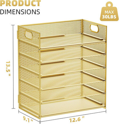 Marbrasse Paper Letter Tray Organizer - 6 Tier Mesh File Organizer with Handle, Paper Sorter Organizer for Letter/A4 Office File Folder Holder - Gold