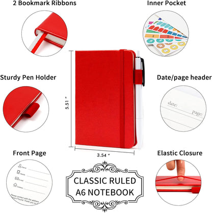 feela 15 Pack Pocket Small Notebooks Bulk, Mini Cute Notepads Hardcover College Ruled Lined Journals with Pen Holder for School Business Memos, with 15 Black Pens, 3.5”x 5.5”, A6, Red