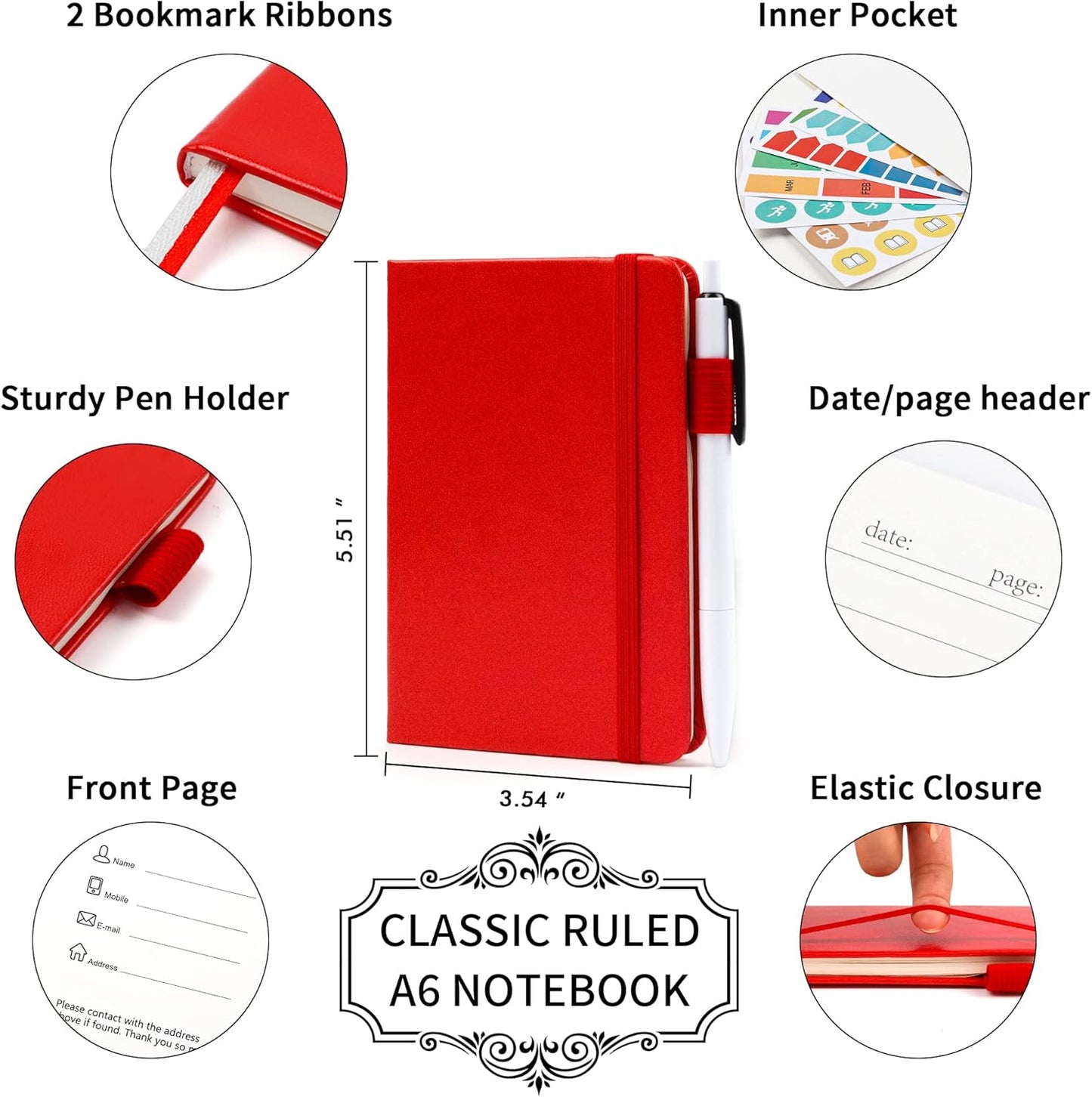 feela 6 Pack Pocket Mini Notebooks Bulk, Small Cute Memo Notepads Hardcover College Ruled Lined Journals with Pen Holder for School Business Work, with 6 Black Pens, 3.5”x 5.5”, A6, Red