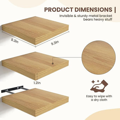Fun Memories Floating Shelves for Wall - 9.3 Inch Square Shelves with Invisible Brackets, Small Wall Shelf for Living Room, Bathroom, Bedroom, and Kitchen Decor，Set of 3