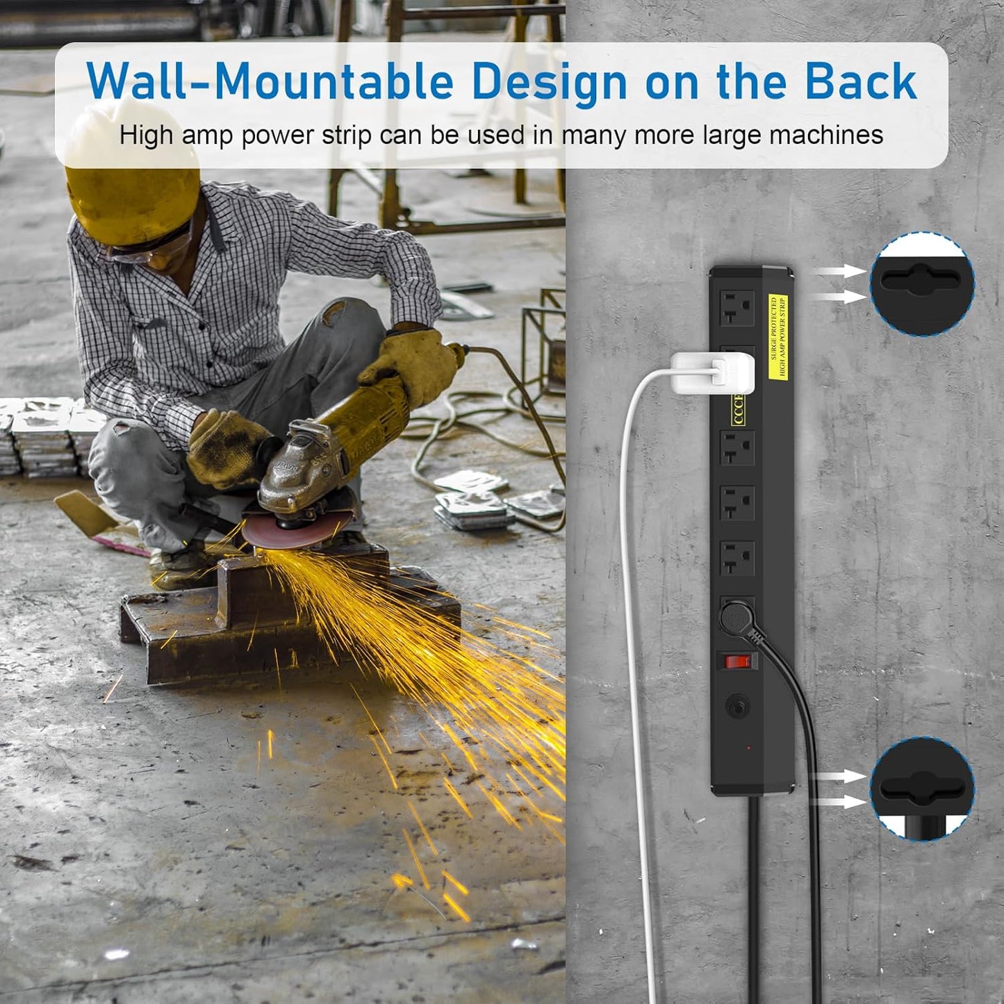 CCCEI Heavy Duty Power Strip Surge Protector 20 Amp, High Amp Industrial Shop Garage Metal Multiple Outlets, 10 FT 12 Gauge 5-15P Extension Cord 6 Outlet 6-20R T-Slot 20a for Appliance. Black.