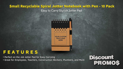 DISCOUNT PROMOS 10 Recyclable Spiral Small Notebooks Pack - Customizable Text, Logo - 60 Lined Pages - Black