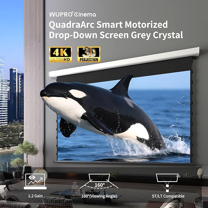 QuadraArc Motorized Projector Screen, Gray Crystal 4K Electric Drop Down Screen, Wall & Ceiling Mount, Compatible with ST/LT Projectors up to 1600 ANSI Lumens 120"