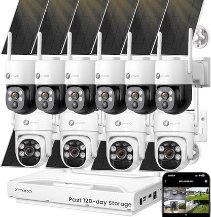 XMARTO QHD Wire-Free Solar Security Camera System Outdoor/Indoor Wireless, Pan Tilt Zoom, 4K Long Range WiFi 6 Surveillance DVR Kit, Long-Lasting Solar Battery Home CCTV 10-CAM Set w. 120-day Storage