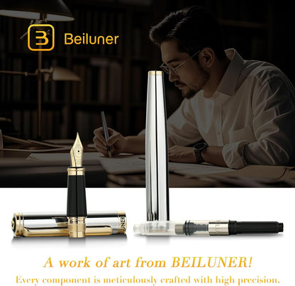 BEILUNER Silver Chrome Fountain Pen,Stunning Luxury with 24K Gold Accents, Gorgeous 24K Gilded Nib(Fine), Trustworthy Pen Gift for Men&Women -Ink Converter-Elegant, Graduation,Nice Pen for Writing
