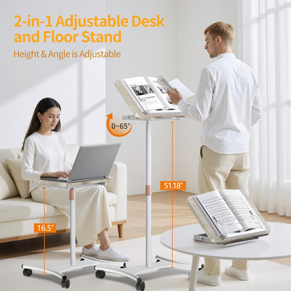 Rolling Laptop Floor Stand, Dual-Purpose for Desk & Floor, Adjustable Height from 16.5" to 51", with 4 Lockable Casters & Book Page Clips, Laptop Stand Ideal for Projectors, Books, Ipads (White)