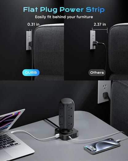 Tower Surge Protector Power Strip, Flat Plug 10FT Extension Cord with Multiple Outlets, 12 AC Outlets & 8 USB Ports, 24W Outlet Extender Overload Protection for Home Office Room