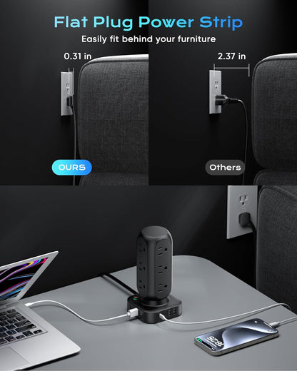 Dual PD 20W Power Strip Tower, TenTrend Surge Protector Power Strip with 12 AC Outlets & 8 USB Ports (4 USB C), 40W Desk Fast Charging Station, 10FT Flat Plug Extension Cord for Desk Office Dorm Room