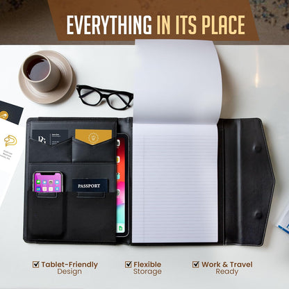 STLYIO Trifold Padfolio - Magnetic Closure. Stretchable Compartment for Tablet, Documents. Elastic Pockets for Phone, Gadgets, Passport, Travel Documents. Letter-Sized Notepad and Gift Box Included.