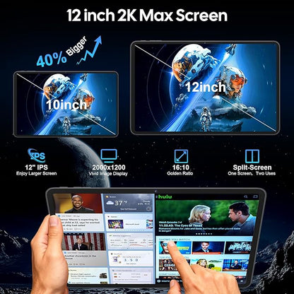 2026 12 Inch Tablet, Android 15 Tablet with Keyboard - 24GB RAM, 256GB ROM, 2TB Expand, 2000x1200 Screen, Octa-Core, 8+16MP Camera, 8000mAh, 5G Wifi, 2K Tablet with Case, Stylus, Mouse (Black Case)