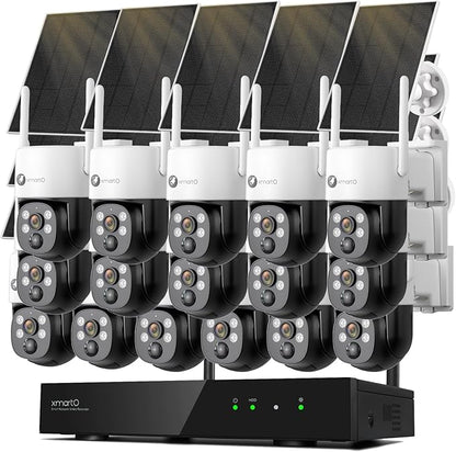 xmartO 100% Wire-Free PTZ Solar Home Security Camera System Wireless, 16-Set 2K 4MP QHD CCTV Camera Kit with 4k 16CH Expandable Wi-Fi 6 NVR Screen, All-Weather Solar Charge