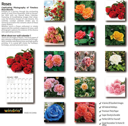 2025 Wall Calendar,Calendar 2025, January 2025 - December 2025, Wall Calendar Roses, 12" x 24" Opened,Full Page Months Thick & Sturdy Paper for Calendar Organizing & Planning