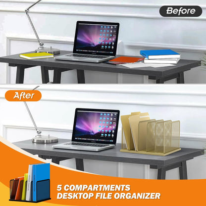 Kuntine.B Desk File Organizer Upright Mesh Desktop Organizer File Sorter Office Organization File Holder for Home, Office & Classroom (Gold, 1 Pack 5-Section)