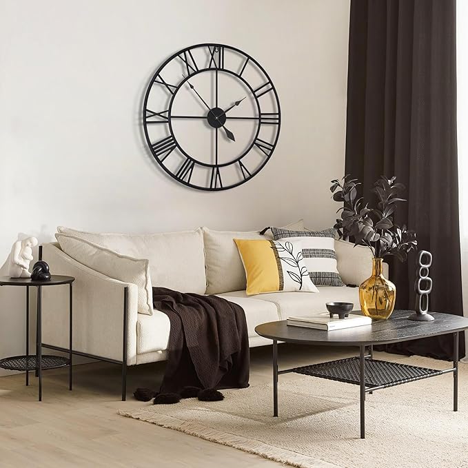 Large Wall Clocks for Living Room Decor, 32 Inch Round Black Metal Silent Non Ticking Battery Operated Jumbo Numerals Modern Vintage Decorative Clock Wall for Bedroom,Kitchen,Office,Farmhouse